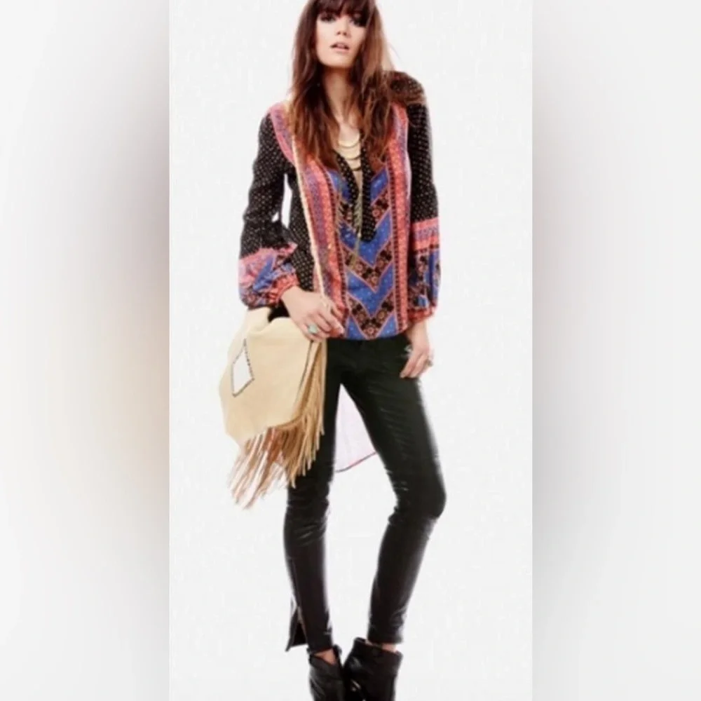 Free People Boho Print Tunic Mini Dress Hi Low Long Sleeve Size XS